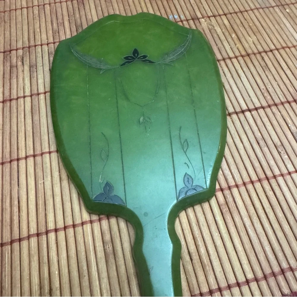 Bakelite Celluloid Green Art Deco Vanity Handheld Mirror Vintage Fancy 1920’s